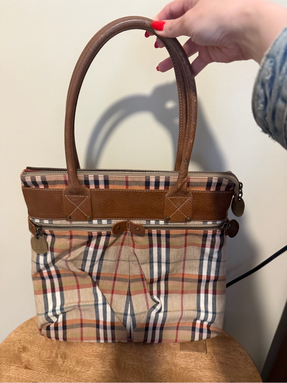 Burberry Nova Check Classic Plaid Tote Bag with Brown Leather Trim